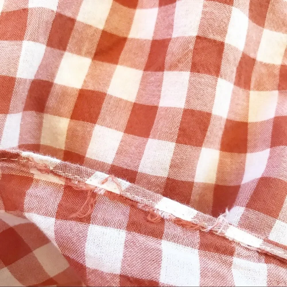 J.Crew Tie-Front Gingham Stretch Cotton Shirt Brick Rust Red Long Sleeve Size 10
